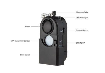 The KERUI Mini Motion Detector Alarm features a 120DB siren, alarm pull-pin, LED flashlight, control button, PIR motion detector, slide cover, and OFF/AUTO switch—making it ideal for personal security.