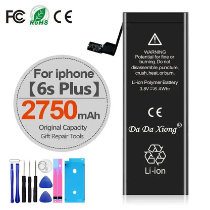 Image of a High Capacity iPhone Battery 4-11 Pro Max with over 1800mAh capacity alongside various repair tools like screwdrivers and prying tools. Certification logos such as FCC and CE are visible, ensuring extended battery life for multiple iPhone models.