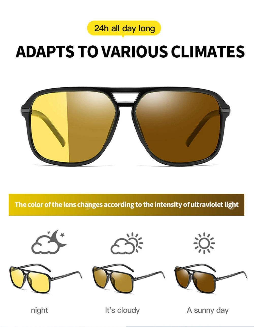 Experience versatility with VIVIBEE Mens Polarized Night Vision Glasses - Stylish Clarity. Ideal for fishing or night driving, they adapt to any climate. Lenses transform from clear at night for better vision, to yellow when cloudy, and dark brown on sunny days for all-day use.