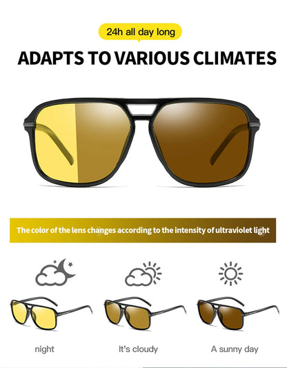 Experience versatility with VIVIBEE Mens Polarized Night Vision Glasses - Stylish Clarity. Ideal for fishing or night driving, they adapt to any climate. Lenses transform from clear at night for better vision, to yellow when cloudy, and dark brown on sunny days for all-day use.