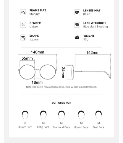 The YINSQER Titanium Rimless Reading Glasses feature a square, unisex design with blue light-blocking lenses. Weighing 13g with dimensions of 140mm frame width, 142mm temple length, 55mm lens diameter, 18mm bridge width, and 34mm lens height, they suit various face shapes.
