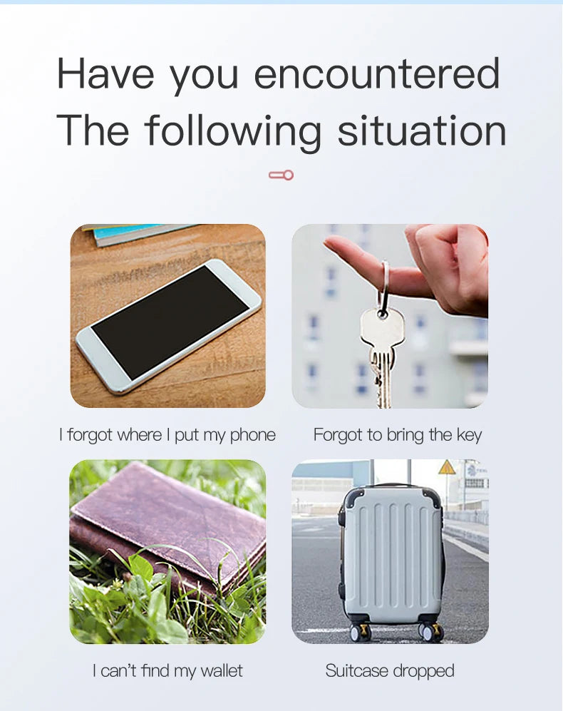 Discover peace of mind with our Seamopar Mini GPS Tracker: Featuring a collage of four images and captions—a phone on a table, keys in hand, a wallet in grass, and a dropped suitcase—all easily located using this compact Bluetooth finder.