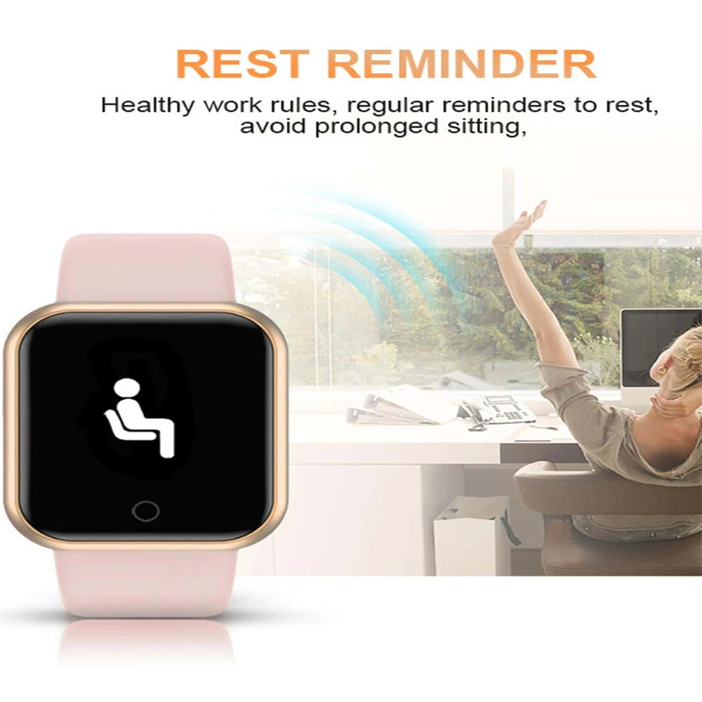 The Smart Watch for Men & Women - Bluetooth Fitness Tracker is pictured with a rest reminder icon and Bluetooth music control. In the background, a person stretches in an office chair. The text reads: REST REMINDER: Healthy work rules, regular reminders to rest, avoid prolonged sitting.