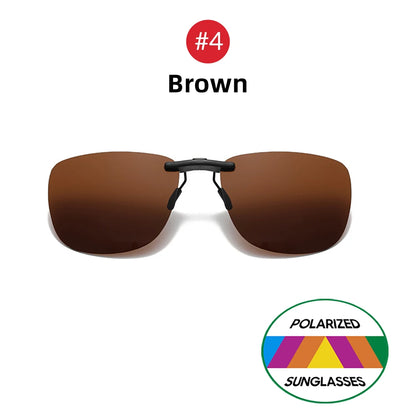 Close-up of brown rectangular Polarized Clip-On Sunglasses with UV400 protection. A red circle with #4 hovers above the word Brown. In the bottom right, a circular logo displays colored triangles and reads Polarized Sunglasses.
