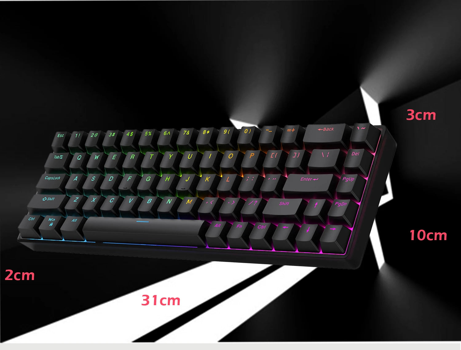 The Raven68 Magnetic Keyboard is a compact, tilted mechanical keyboard featuring hot-swappable black keys, vibrant RGB lighting, and an 8K return rate. Dimensions: 31cm wide, 10cm tall, with a key height of 3cm and base thickness of 2cm.