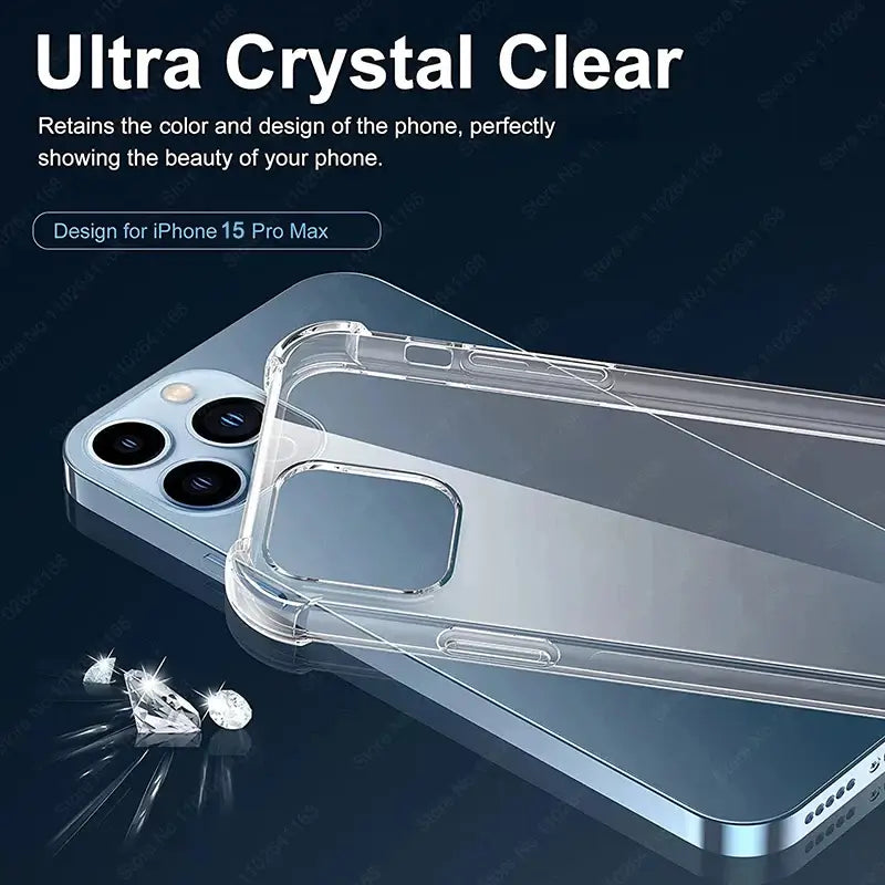 Ultra crystal clear shockproof phone case on iPhone 15 Pro Max showcasing anti-scratch design and durability features.