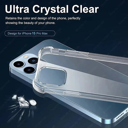 Ultra crystal clear shockproof phone case on iPhone 15 Pro Max showcasing anti-scratch design and durability features.