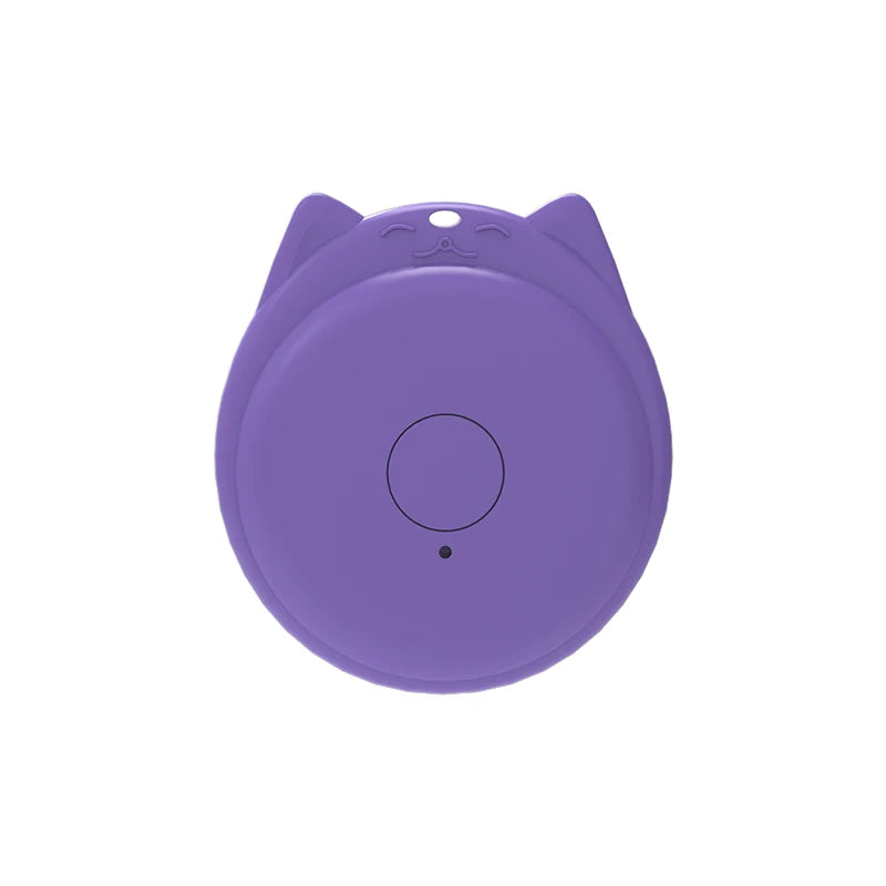 The Seamopar Mini GPS Tracker is a purple, cat-faced gadget with subtle features hiding the tracker. A central black button with a dot below triggers anti-theft alerts. This compact device has a smooth, minimalistic design perfect for maintaining security discreetly.