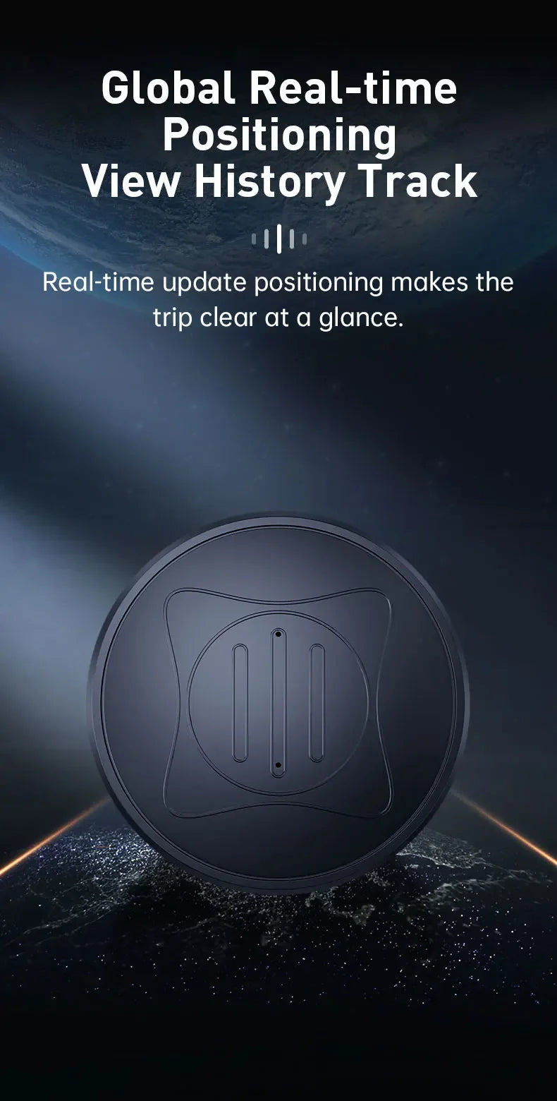 A Mini Magnetic GPS Tracker: Real-Time Pet Locator floats in space, with text above: Global Real-time Positioning View History Track, and below: Real-time update positioning makes the trip clear at a glance.