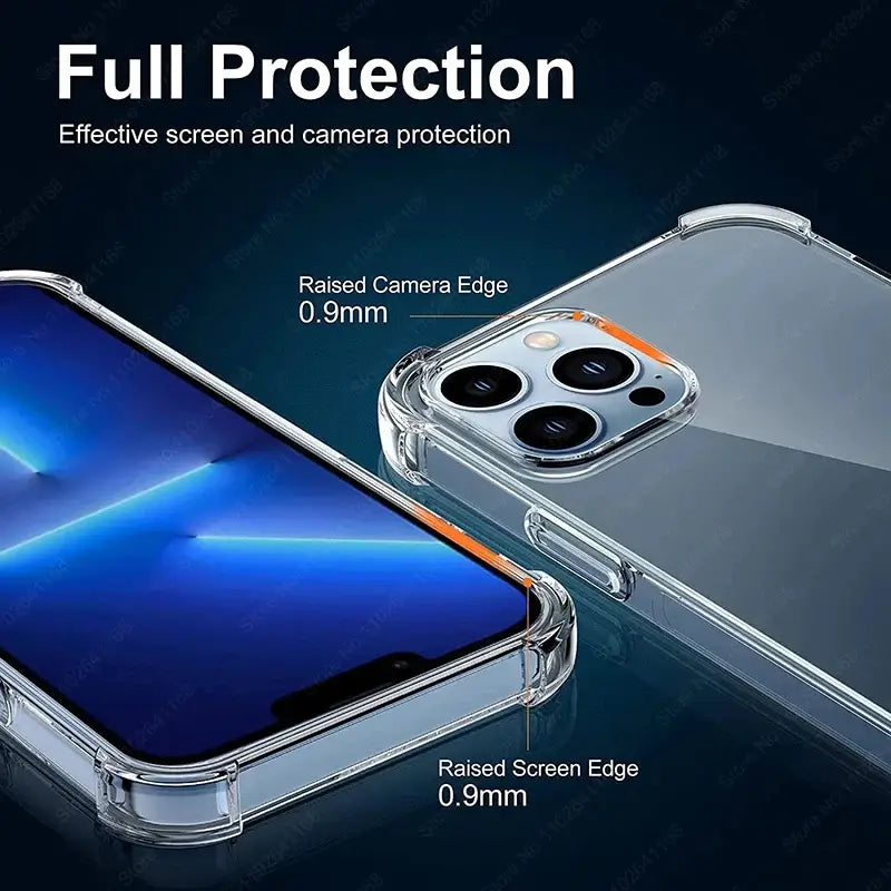 Luxury Shockproof Clear Phone Case for iPhone 16-11 Pro Max, featuring raised edges for enhanced protection, anti-scratch design.