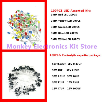 Advertisement image for a DIY mobile repair kit featuring 100 assorted 3mm LEDs (red, yellow, green, blue, white) and 120 electrolytic capacitors of varying specs. Text: Monkey Electronics Kit Store: Your 6-in-1 Component Kit Solution. Product: NoEnName_Null 6-in-1 Component Kit for Mobile Repairs.