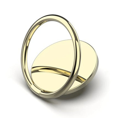 The Luxury Metal 360° Rotation Mobile Phone Ring Holder features a gold-colored circular design, shiny metallic finish, and a magnetic base. Its 360° rotation and secure angle grip ensure your smartphone stays firmly in place.