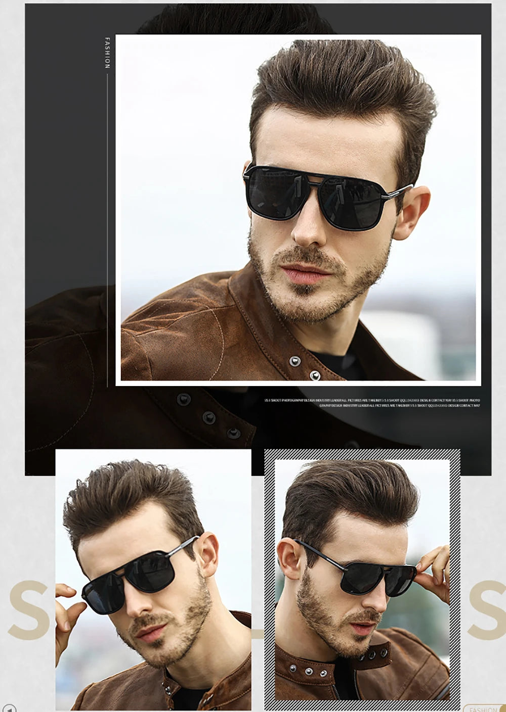 A man, sporting VIVIBEE Mens Polarized Night Vision Glasses - Stylish Clarity and a brown leather jacket, is depicted in three poses with a short hairstyle and trimmed beard against a neutral background.