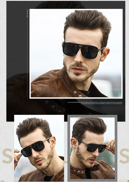 A man, sporting VIVIBEE Mens Polarized Night Vision Glasses - Stylish Clarity and a brown leather jacket, is depicted in three poses with a short hairstyle and trimmed beard against a neutral background.