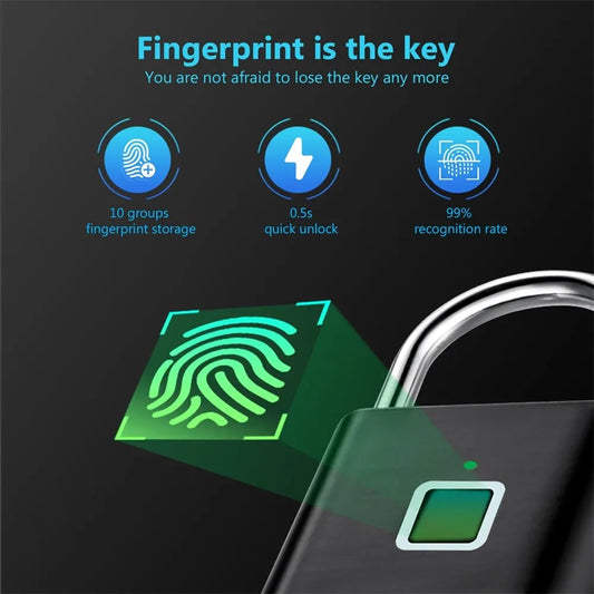 Explore the innovative KERUI Keyless Fingerprint Padlock featuring state-of-the-art fingerprint technology. It stores up to 10 fingerprints, offers a rapid 0.2s unlock, provides a 99% recognition rate, and boasts an eye-catching fingerprint graphic on the scanner for added style.