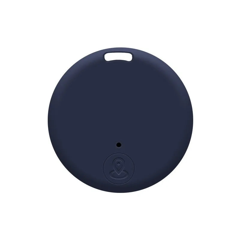 A round, dark blue Seamopar Mini GPS Tracker with a small hole near the bottom and a loop on top, featuring an embossed logo. It offers anti-theft alerts and is set against a plain white background.
