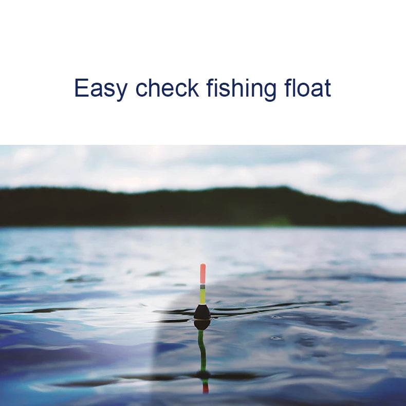 A colorful fishing float bobs on a calm lake, visible under the cloudy sky. The text Easy Check Fishing Float appears clearly without glare, akin to clarity offered by Polarized Clip-On Sunglasses - UV400 Anti-Glare Protection. Meanwhile, the shoreline looms in the distance.