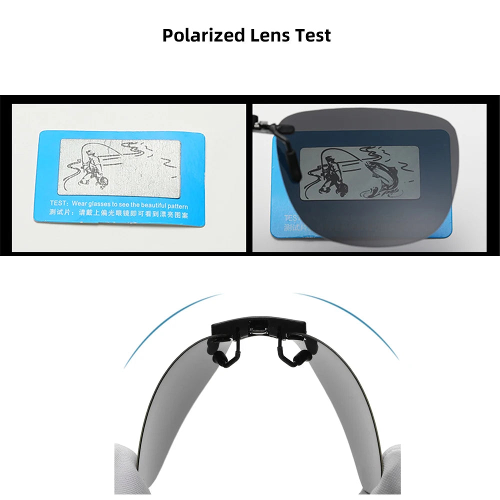 The image features a polarized lens test. Top left: grayscale image on blue card; top right: lens revealing hidden pattern. Below, sunglasses frames with Polarized Clip-On Sunglasses offering UV400 anti-glare protection are seen from above.