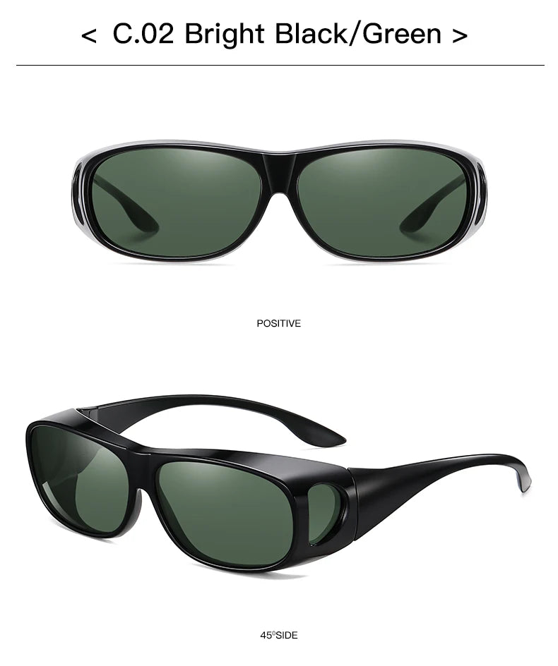 The MOKDUFF Polarized Sunglasses, style C.02 Bright Black/Green, featuring black frames and green lenses with UV400 Protection, are displayed from a front angle labeled Positive and a 45° side angle.