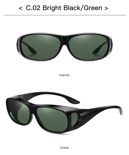 The MOKDUFF Polarized Sunglasses, style C.02 Bright Black/Green, featuring black frames and green lenses with UV400 Protection, are displayed from a front angle labeled Positive and a 45° side angle.