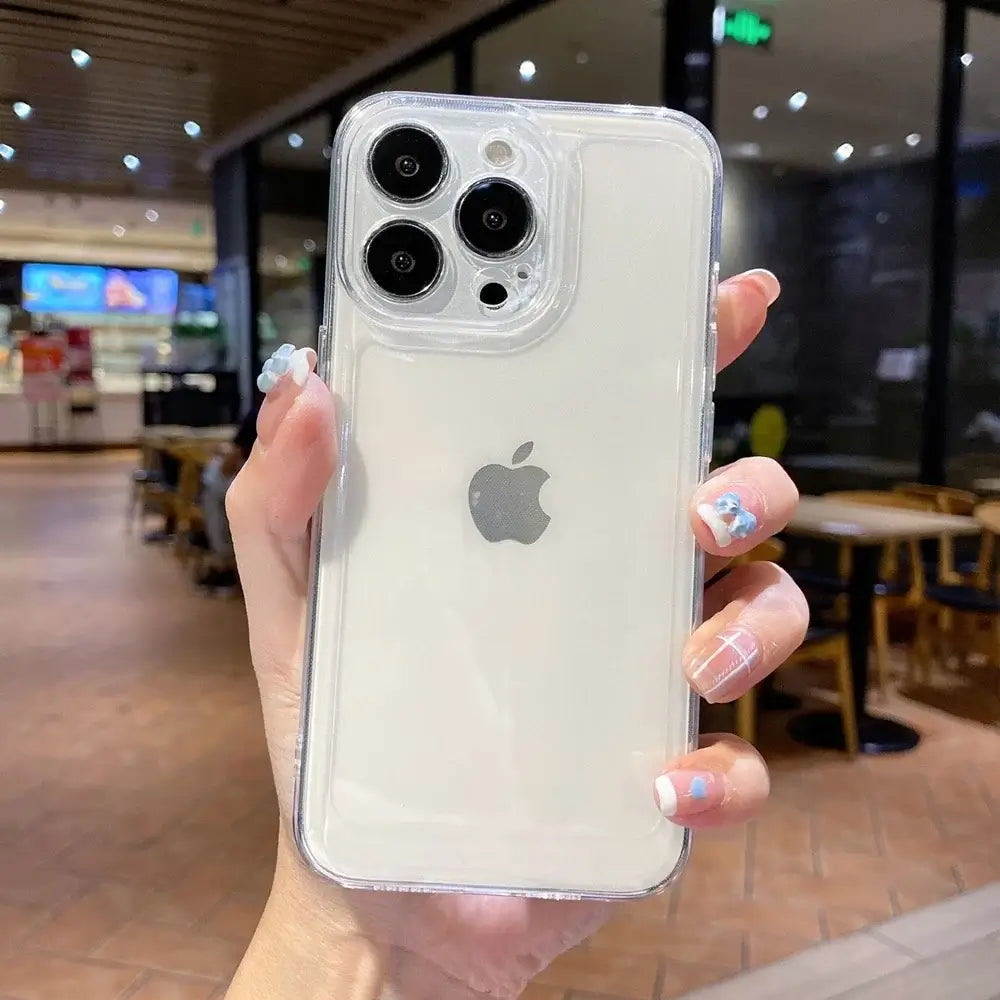 Luxury Transparent TPU Shockproof Phone Case on iPhone, showcasing sleek design and superior protection in a hand-held view.