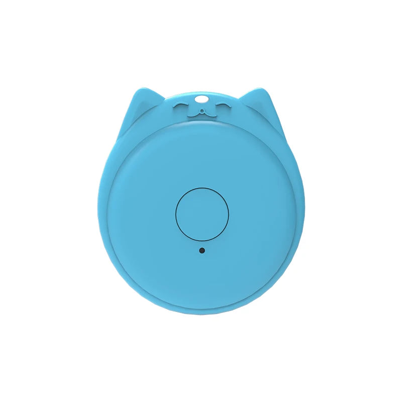 The Seamopar Mini GPS Tracker, a blue round device resembling a pet collar with ear-like protrusions, features a central button and LED indicator. This compact anti-lost Bluetooth key finder ensures anti-theft alerts to secure your belongings.
