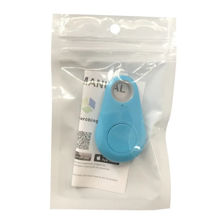 The Seamopar Mini GPS Tracker, a small blue device, comes in a clear resealable bag with a visible manual. QR codes and logos for Google Play and Apple App Store on the packaging enable easy setup with anti-theft alerts.
