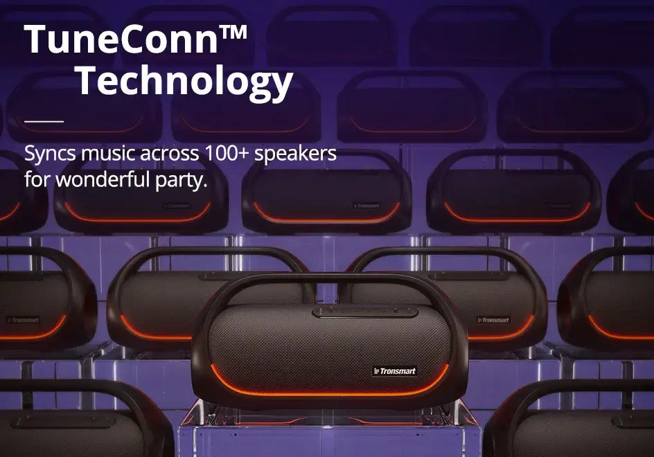 A promotional image for the Tronsmart Bang Speaker highlights multiple black speakers with orange LED accents. Text reads: Tronsmart Bang 60W Bluetooth Speaker with Heavy Bass & App Control. Syncs music across 100+ speakers for an unforgettable party experience.