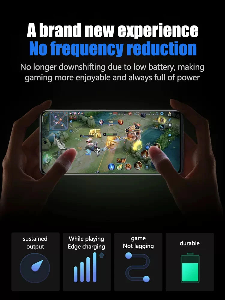 A person uses a smartphone for gaming with the High Capacity iPhone Battery 4-11 Pro Max 1800mAh+, ensuring no frequency drop even on low battery. Icons represent consistent performance, edge charging, no lag, and enhanced durability for longer battery life.