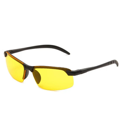 The HARKO Polarized Night Vision Cycling Sunglasses boast a sleek black frame, curved temples, and yellow lenses, making them ideal for outdoor adventures, all showcased against a white background.