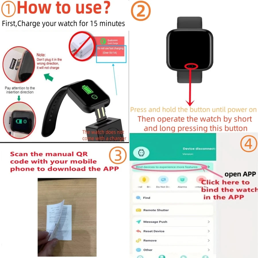 Smart Watch for Men & Women - Bluetooth Fitness Tracker setup guide: Charge the watch, press the button to power on, scan the QR code to download the app, use it to manage features like fitness tracking and Bluetooth music control. Includes images of charger, button location, QR code, and app interface.