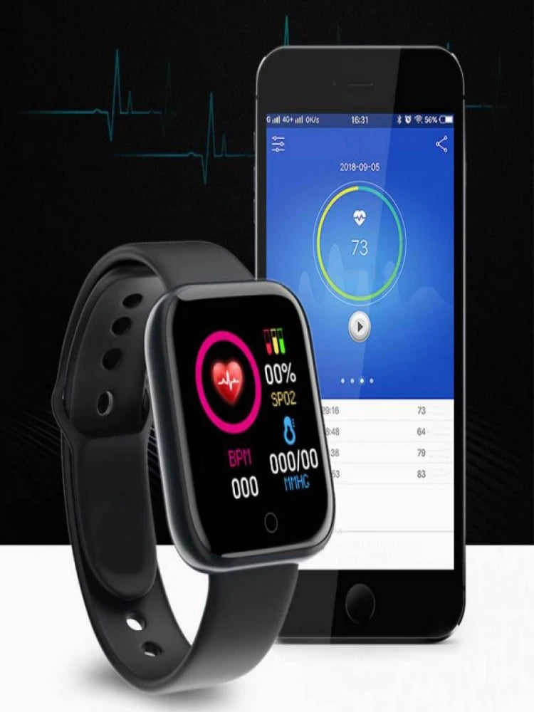 A black Smart Watch for Men & Women doubles as a fitness tracker, displaying metrics like heart rate, SpO2, and BP. It sits next to a smartphone featuring a health app with a circular progress tracker. A faint ECG line is visible in the background, while Bluetooth music control is ready for your command.