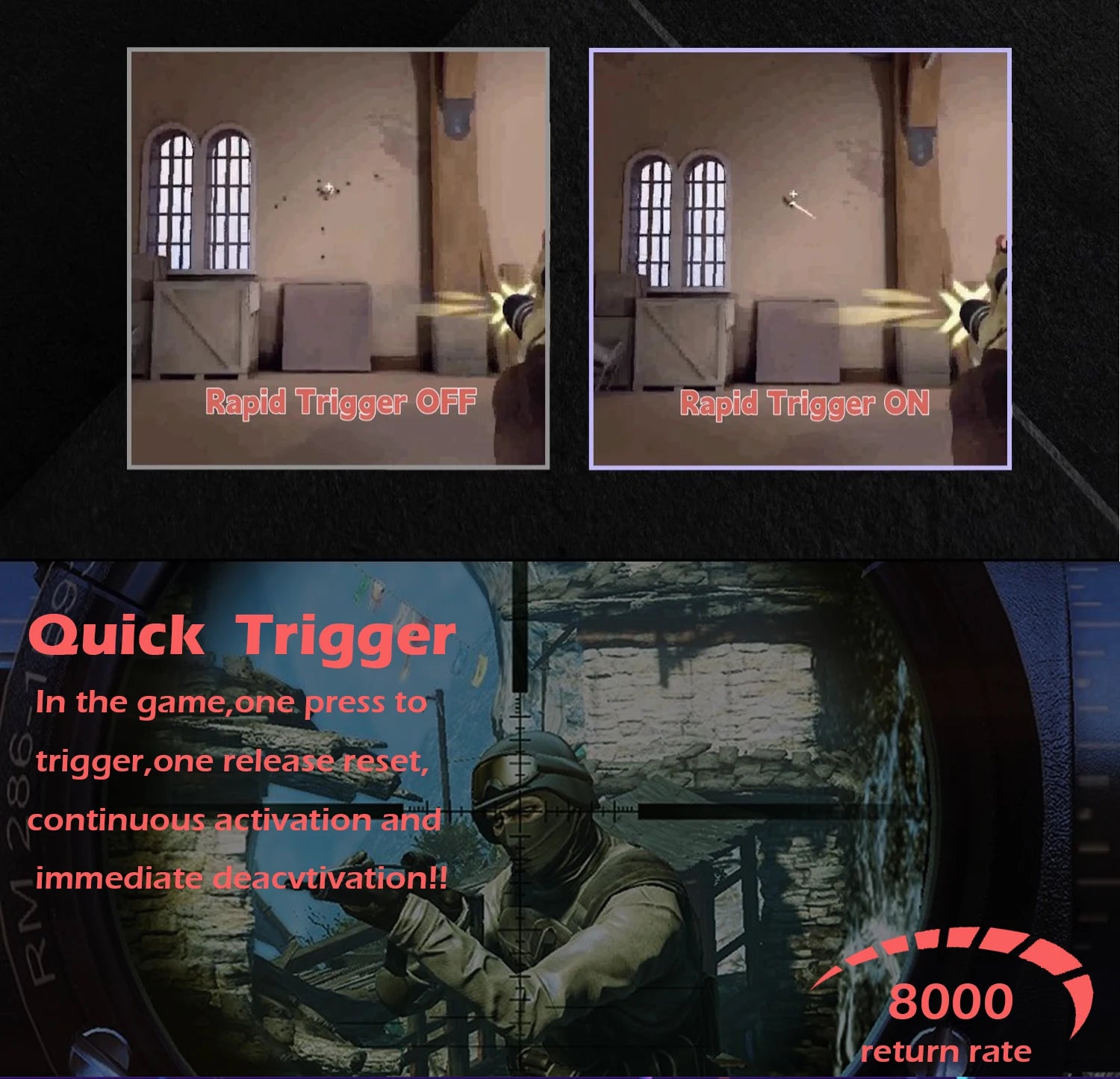 Comparison of Rapid Trigger OFF and ON during gameplay with unique firing outcomes, set against a vivid gaming backdrop. Features include Quick Trigger details, an 8K Return Rate graph, and RGB Lighting on the Raven68 Magnetic Keyboard.