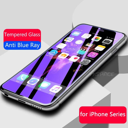 A smartphone fitted with the YKSPACE 2Pcs Anti Blue-Ray Tempered Glass Screen Protector in a purple tint is shown, labeled “Anti Blue-Ray for Eye Care Technology” and “for iPhone Series.” The display features various app icons.