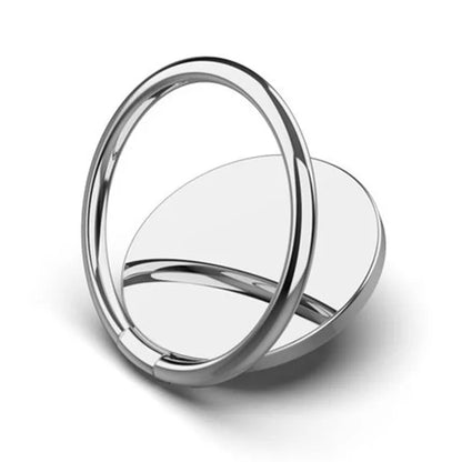 The Luxury Metal 360° Rotation Mobile Phone Ring Holder features a minimalistic and modern design with a sleek, silver metal finish. Its shiny, circular design supports a phone in an upright position, highlighting its 360° rotation capability.