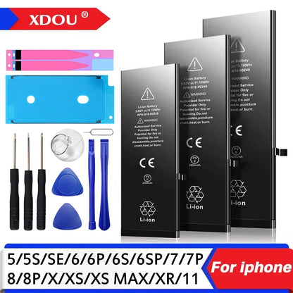 Explore the XDOU Battery for iPhone SE 5-11 Pro, featuring zero-cycle batteries for longer life. Comes with three lithium-ion batteries, screwdrivers, adhesive strips, pry tools, and a blue plastic alignment frame.
