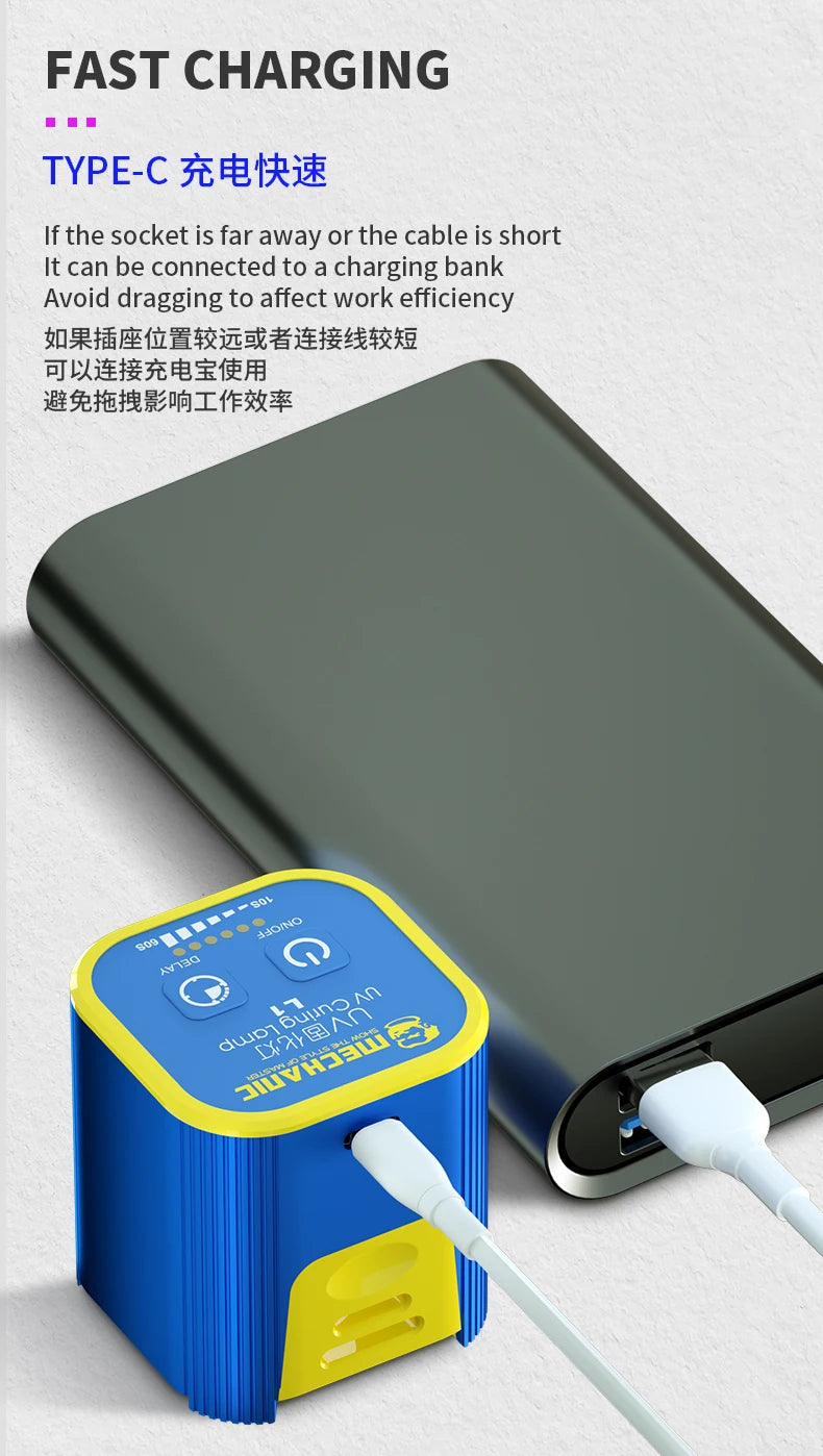 A vibrant blue and yellow Mechanic L1 UV Curing Lamp connects to a smartphone using a Type-C cable. The image text highlights fast charging and advises against dragging cables, making it ideal for quick phone repair or UV glue application.