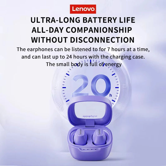 A Lenovo XT62 Bluetooth Earphones case in purple is open, revealing the earphones inside. Above, text highlights their ultra-long 20-hour battery life for uninterrupted all-day use. The Bluetooth V5.3 feature ensures seamless connectivity, with a clock indicating 20 hours in the background.