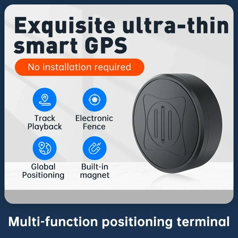 Promotional graphic for the Mini Magnetic GPS Tracker: Real-Time Pet Locator. Highlights “No installation required” plus features like advanced positioning, track playback, e-fence, global coverage, and built-in magnet. Product image shown on right.