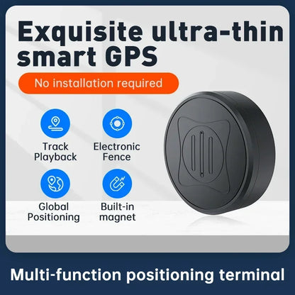 Promotional graphic for the Mini Magnetic GPS Tracker: Real-Time Pet Locator. Highlights “No installation required” plus features like advanced positioning, track playback, e-fence, global coverage, and built-in magnet. Product image shown on right.
