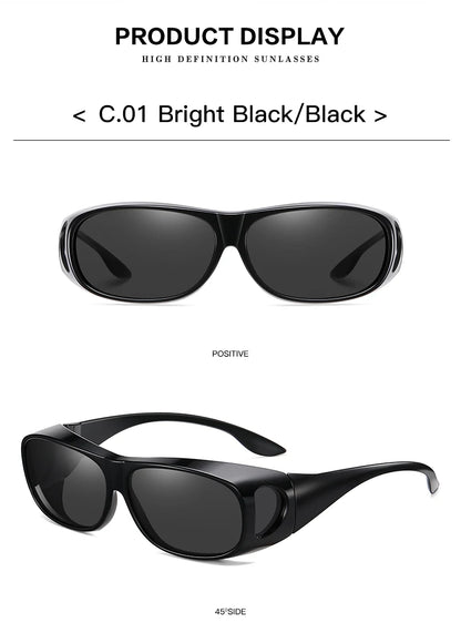 The images showcase MOKDUFF Polarized Sunglasses labeled C.01 Bright Black/Black; the top image is a front view, and the bottom shows a side view at 45 degrees. Sleek and glossy, these sunglasses provide UV400 protection for superior eye safety.