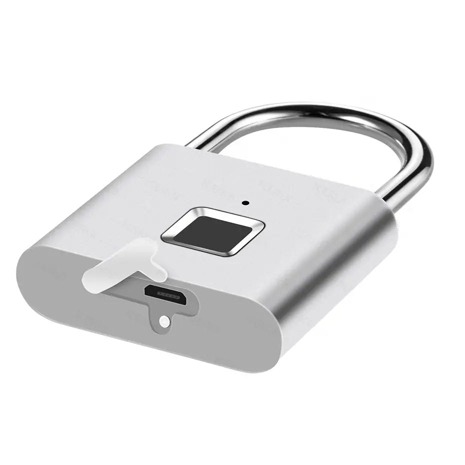 The KERUI Keyless Fingerprint Padlock combines sleek, modern design with advanced fingerprint technology and a bottom USB charging port. Its shiny metallic shackle enhances elegance while offering convenience, and it unlocks in just 0.2 seconds with a waterproof feature for added durability.