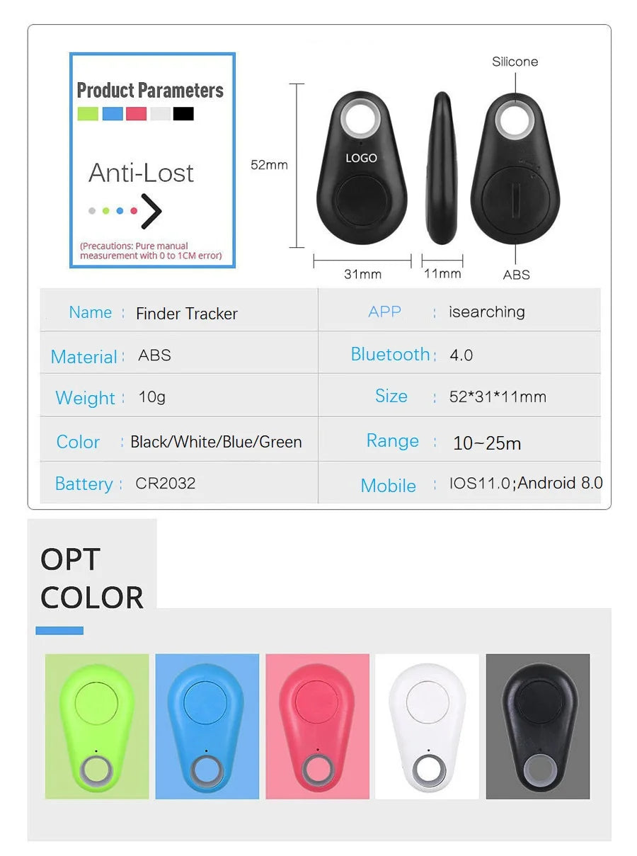 The image shows a Smart Bluetooth 4.0 Anti-Lost Tracker info sheet, ideal for tracking pets or keys, measuring 52x31x11mm and weighing 10g. Made from ABS and silicone, it comes in black, white, blue, green, red; has a 10-25m range and works with iOS/Android.