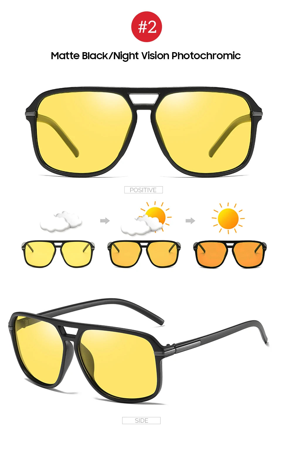VIVIBEE Mens Polarized Night Vision Glasses - Stylish Clarity feature matte black frames with yellow lenses, perfect for fishing or night driving. The image shows the polarized lenses changing shades in cloudy, sunny, and bright light. A side view of these versatile glasses is in the bottom right corner.