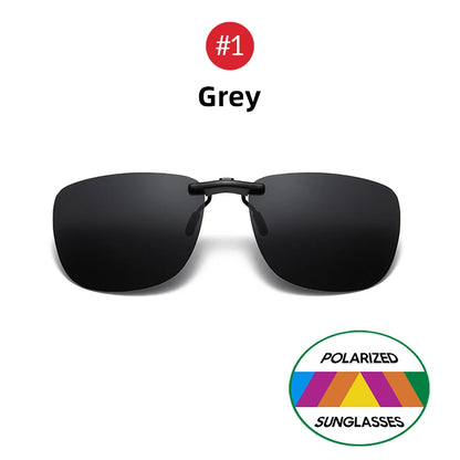 Rectangular black polarized sunglasses are shown on a white background. #1 Grey is above, with a rainbow-colored logo reading Polarized Clip-On Sunglasses at the bottom right, offering UV400 protection for optimal anti-glare performance.