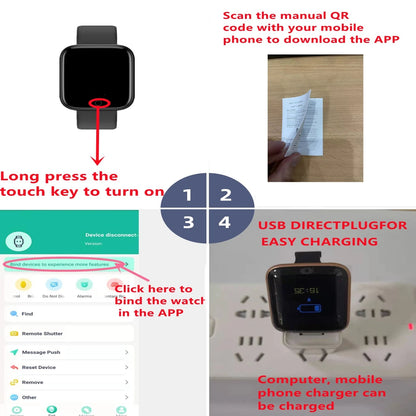 A collage showing the setup of the Smart Watch for Men & Women - Bluetooth Fitness Tracker: 1. Image of smartwatch with Long press the touch key to turn on. 2. Leaflet with QR code and app download instructions. 3. App interface for watch binding with Bluetooth Music Control. 4. Fitness Tracker charging via wall outlet.